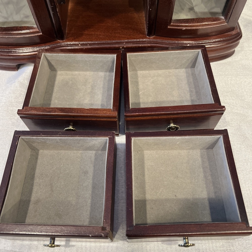 Large Vintage Lift Top Wooden Jewelry Box Etched Glass Doors- 4 Drawers 13.5x11 - Picture 12 of 16